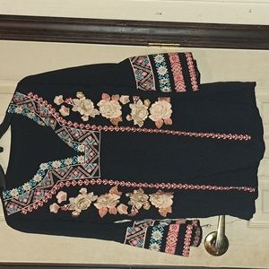 Boho Floral Embroidered Womens Top Size S Black Pullover Bohemian